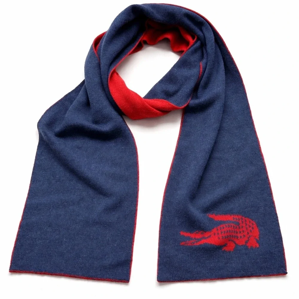 Vintage Lacoste Wool Scarf Reversible Blue Red Crocodile Logo Knit Mens‎